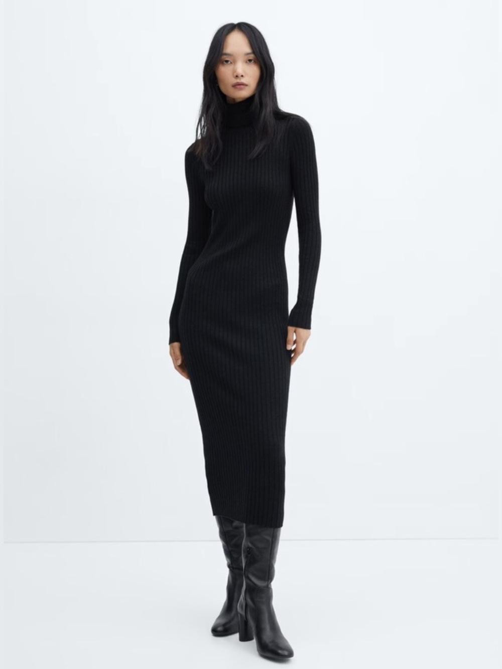 Mango Black Rib Knit Turtleneck Midi Dress